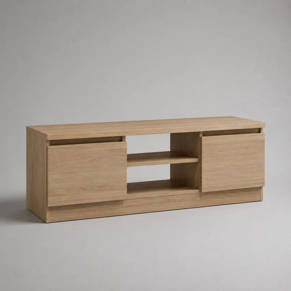 Meuble TV bas rectangulaire en panneaux MDF plaqués chêne naturel, 2 portes et 2 niches, 160 × 40 × 60 cm