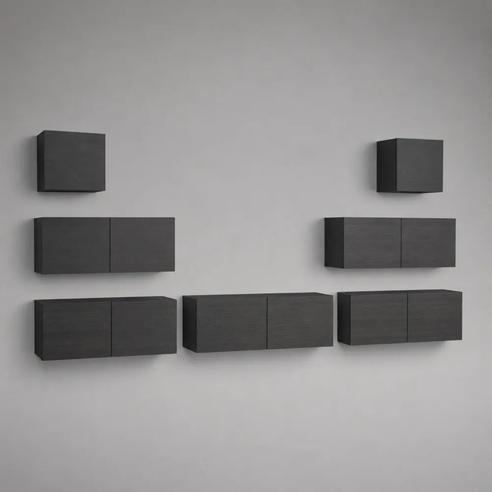 Ensemble meuble TV mural 7 pièces noir en panneaux de particules mélaminés, 2 modules de 40 × 30 × 35 cm et 5 modules de 80 × 30 × 35 cm