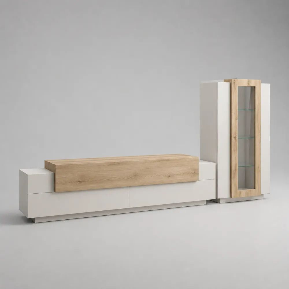 Ensemble meuble TV et vitrine en bois et verre, blanc et chêne clair, 280 × 40 × 160 cm