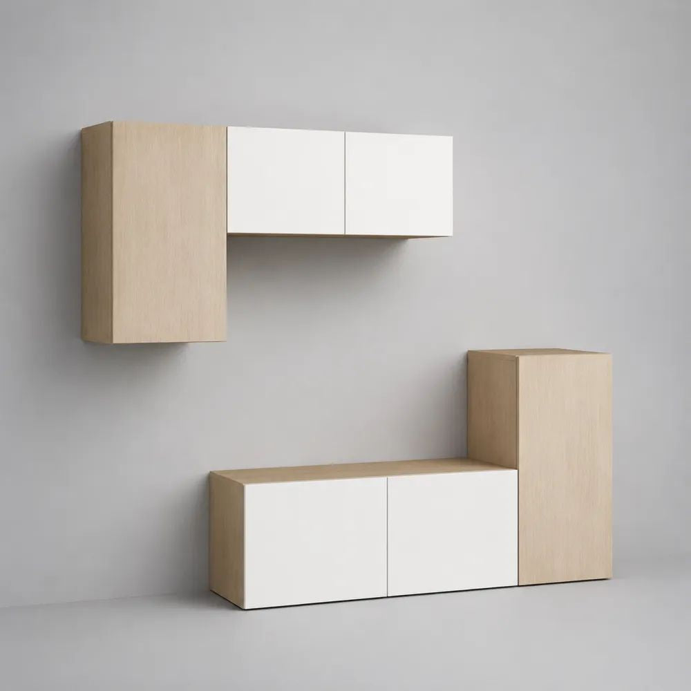 Ensemble meuble TV modulaire mural et au sol 4 éléments en panneaux de particules, blanc mat et chêne clair, 200 x 40 x 190 cm
