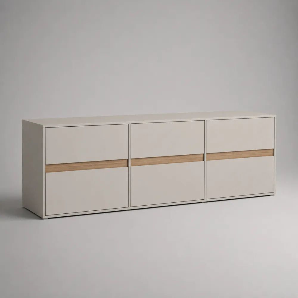 Meuble TV bas rectangulaire en MDF blanc et chêne clair, 3 portes, 180 × 40 × 65 cm