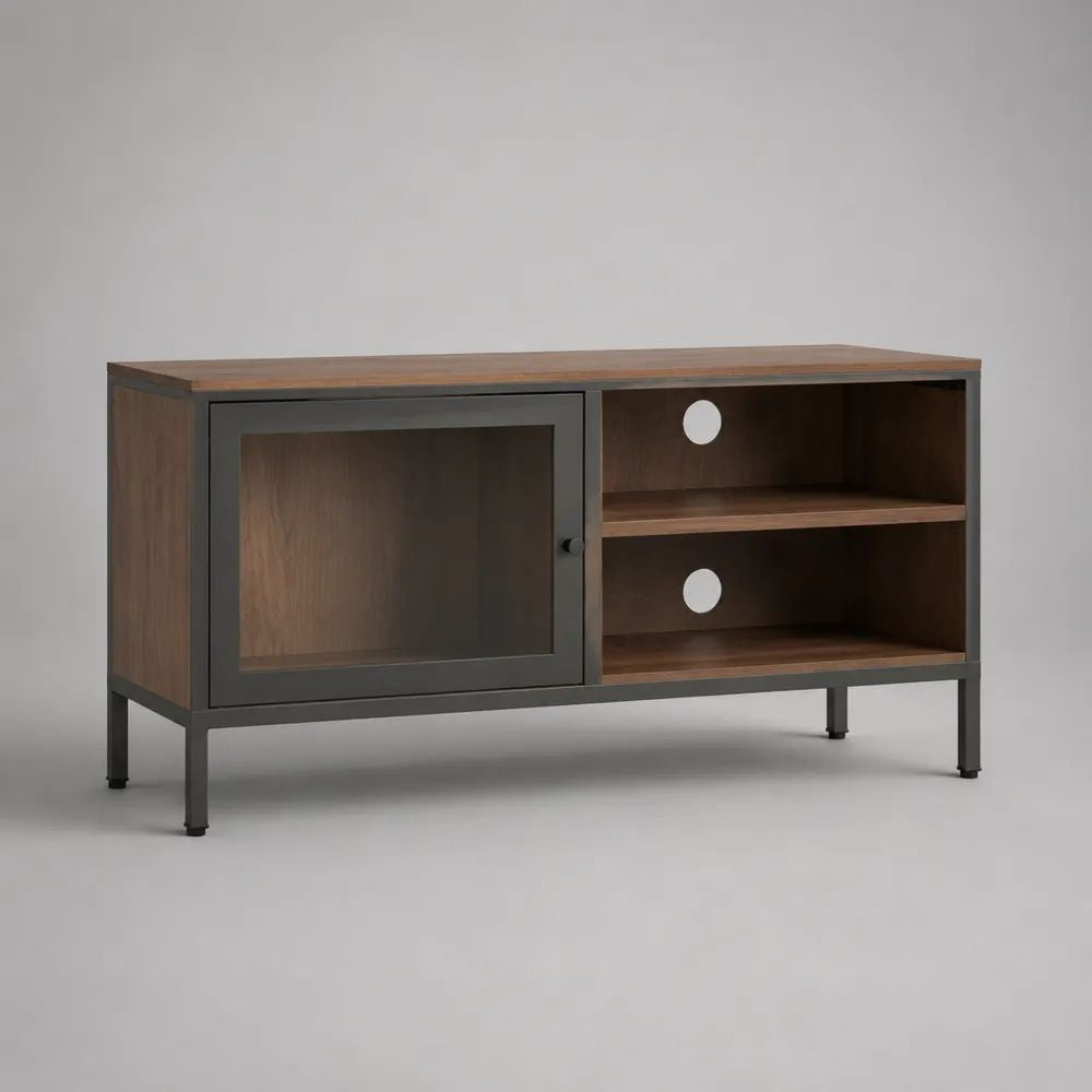 Meuble TV rectangulaire en MDF, acier noir et verre fumé brun foncé avec rangements et passe-câbles, 120 x 40 x 65 cm