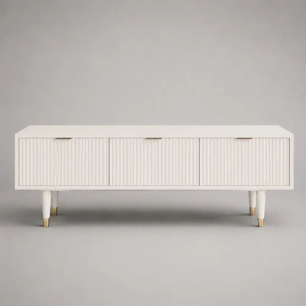 Meuble TV bas en MDF avec rangement, 3 portes rainurées, blanc cassé et doré, 180 × 40 × 65 cm