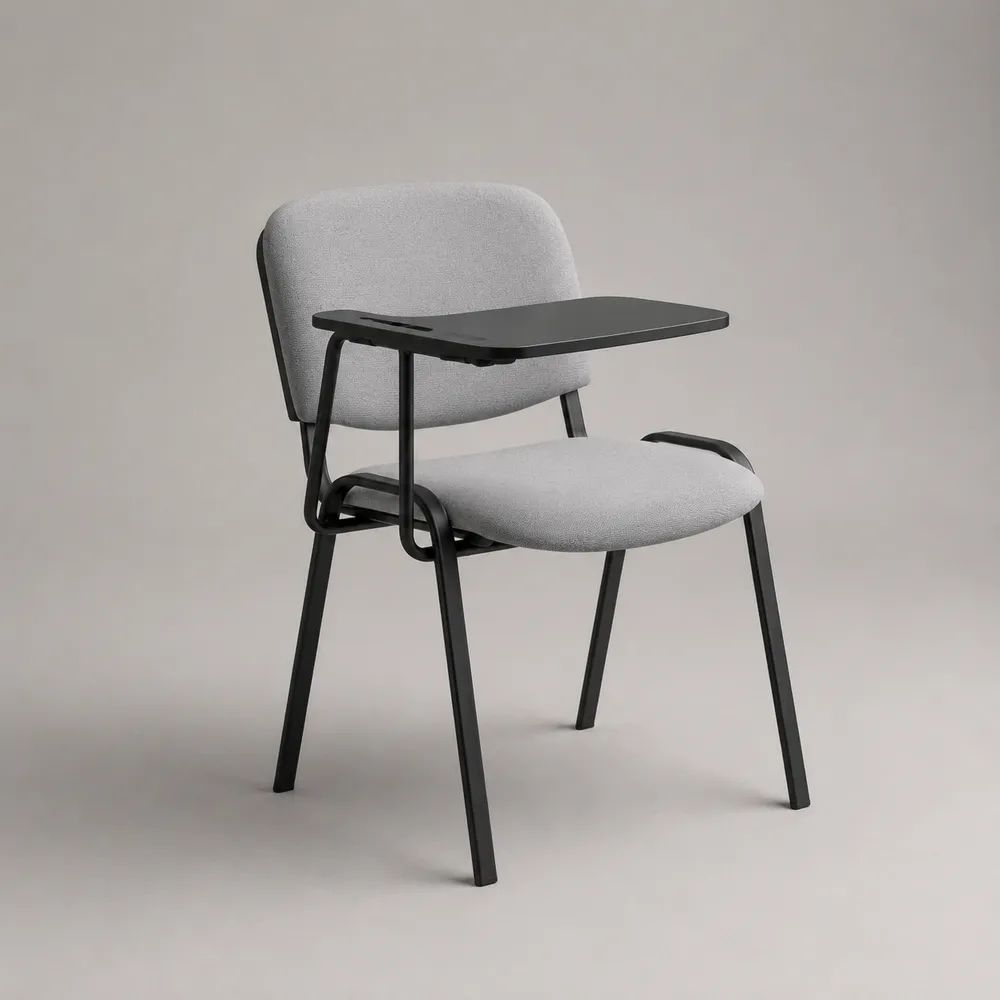 Chaise de conférence avec tablette écritoire rabattable, polyester gris clair et acier noir, 61 × 69 × 83 cm