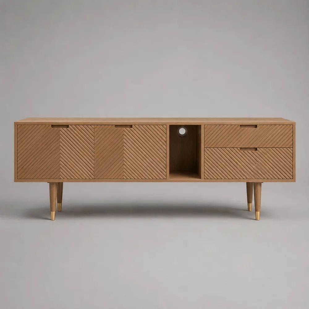 Meuble TV bas en MDF plaqué frêne avec 2 portes, 2 tiroirs et 1 niche, chêne naturel et laiton, 180 × 40 × 70 cm