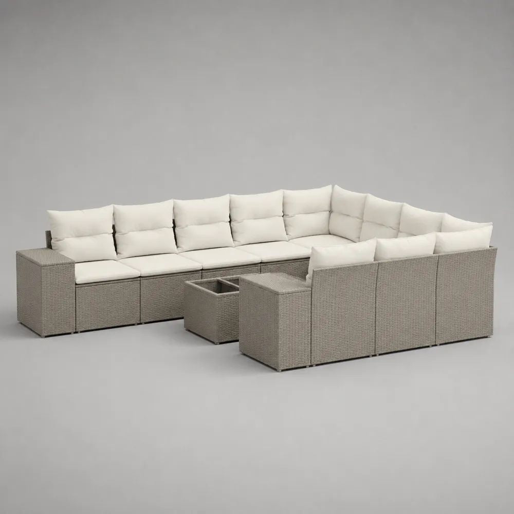 Salon de jardin extérieur 10 pièces, canapé d’angle en U en résine tressée grise avec coussins crème, 330 x 220 x 72 cm
