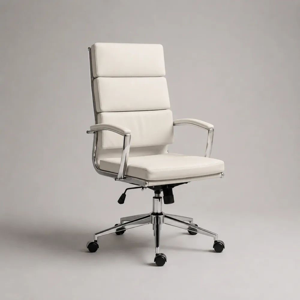 Fauteuil de bureau pivotant réglable à dossier haut en similicuir blanc et métal chromé, 65 × 68 × 112-122 cm