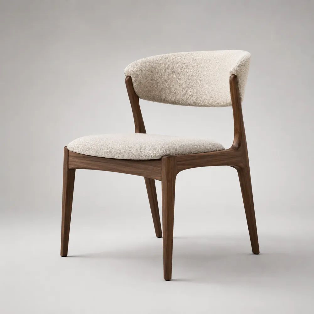 Chaise sans accoudoirs en bois massif et tissu bouclé beige, dossier incurvé, 52 × 56 × 80 cm