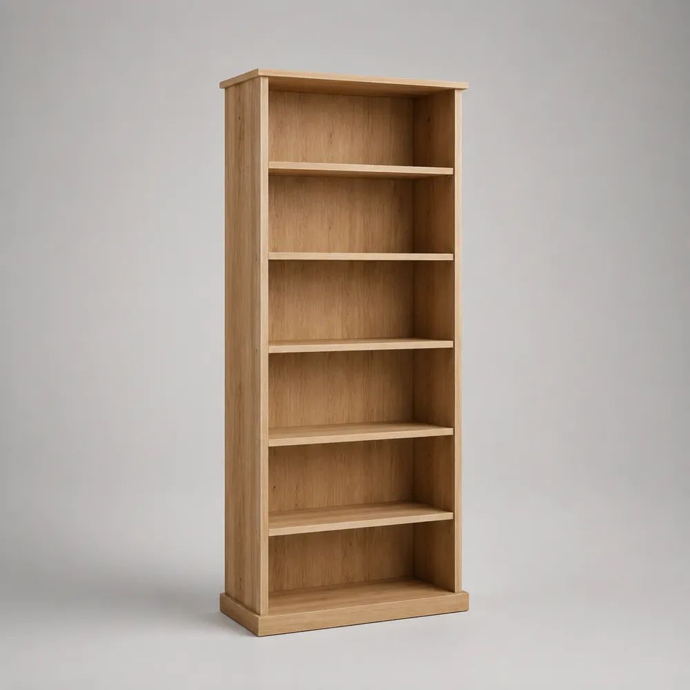 Bibliothèque rectangulaire en panneaux de particules plaqués chêne, 5 tablettes et 6 compartiments, marron clair, 180 × 80 × 30 cm