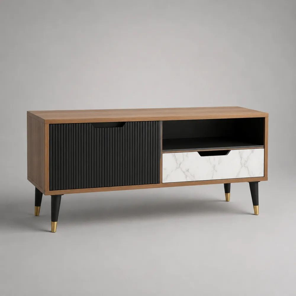 Meuble TV rectangulaire en bois avec 2 portes, niche ouverte et tiroir, noyer, noir, blanc effet marbre et doré, 120 x 40 x 65 cm