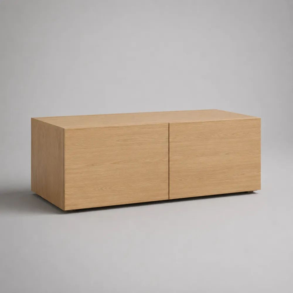 Meuble TV bas rectangulaire en MDF plaqué chêne clair à 2 portes, 120 × 40 × 50 cm