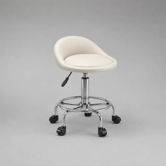 Chaise de bureau pivotante réglable en similicuir blanc et métal chromé avec repose-pieds et roulettes, 55 x 54 x 74-86 cm
