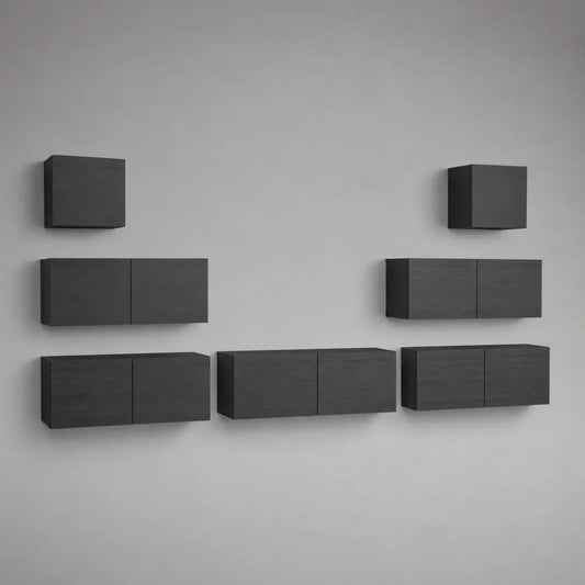Ensemble meuble TV mural 7 pièces noir en panneaux de particules mélaminés, 2 modules de 40 × 30 × 35 cm et 5 modules de 80 × 30 × 35 cm