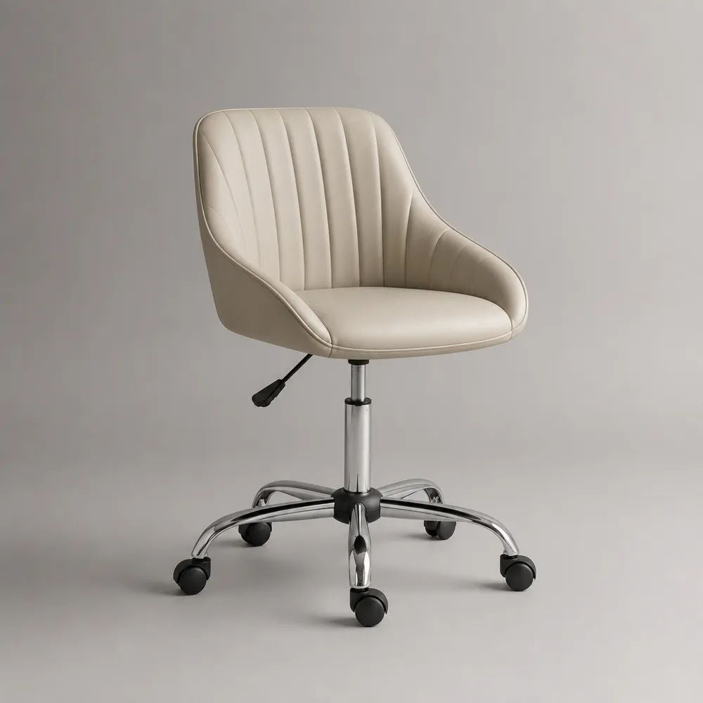 Chaise de bureau pivotante réglable en similicuir beige et acier chromé, 60 x 60 x 76–86 cm