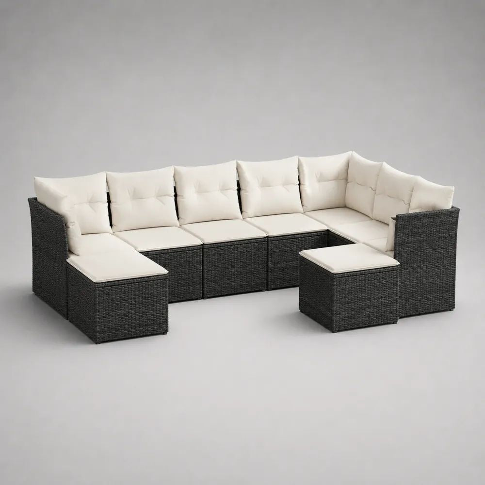 Salon de jardin modulable 8 pièces, canapé en U en résine tressée PE gris anthracite avec coussins crème, 294 x 190 x 75 cm