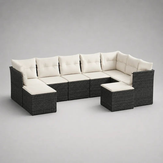 Salon de jardin modulable 8 pièces, canapé en U en résine tressée PE gris anthracite avec coussins crème, 294 x 190 x 75 cm