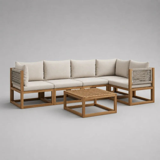 Salon de jardin d’angle extérieur 5 pièces en acacia massif et corde polyester, beige clair, brun naturel et gris taupe, canapé 265 x 211 x 74 cm, table 90 x 70 x 35 cm