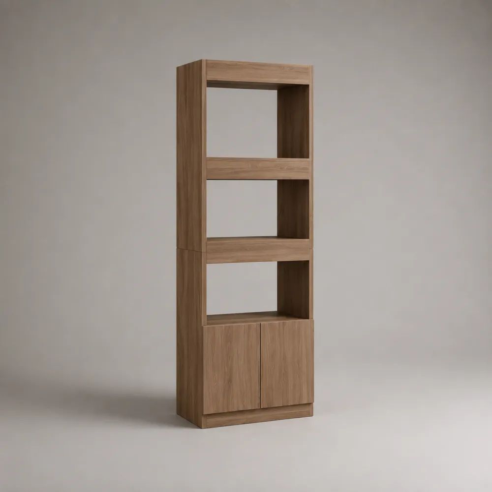 Bibliothèque étagère en bois avec 3 niches et placard à 2 portes, chêne clair, 60 × 30 × 180 cm