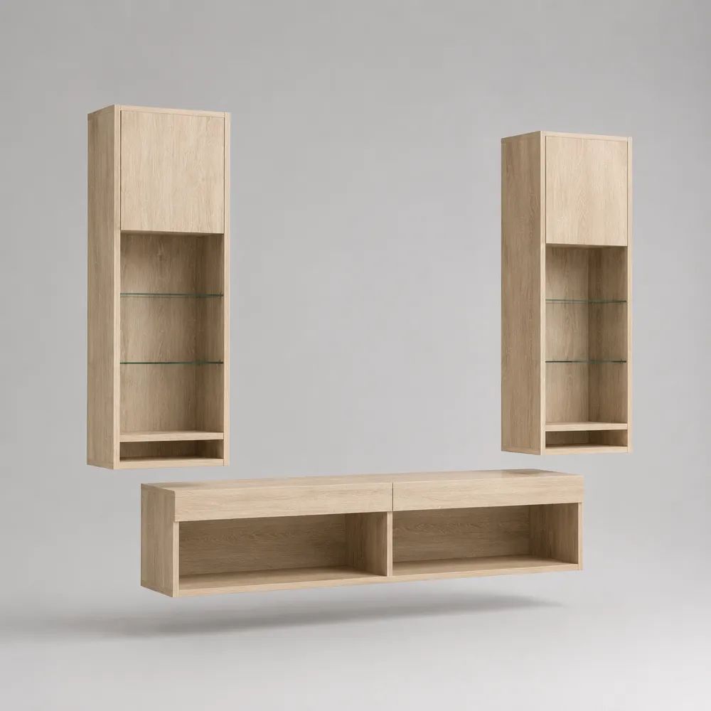 Ensemble meuble TV mural 3 pièces en panneaux de particules, chêne clair, meuble bas 180 × 40 × 35 cm et 2 colonnes 40 × 30 × 120 cm