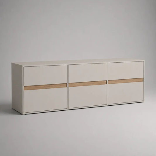 Meuble TV bas rectangulaire en MDF blanc et chêne clair, 3 portes, 180 × 40 × 65 cm