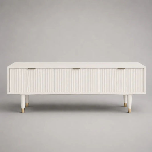 Meuble TV bas en MDF avec rangement, 3 portes rainurées, blanc cassé et doré, 180 × 40 × 65 cm