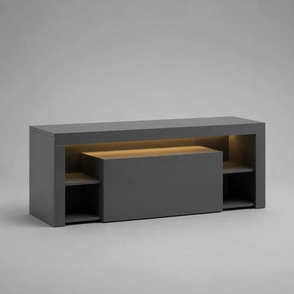 Meuble TV rectangulaire en panneaux de particules mélaminés gris anthracite avec éclairage LED et rangements, 160 x 40 x 70 cm