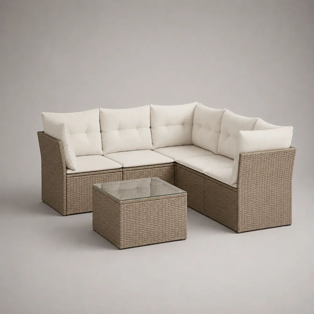 Salon de jardin d’angle 5 places en résine tressée beige taupe avec coussins écrus et table en verre – canapé 200 x 200 x 74 cm, table 60 x 60 x 35 cm