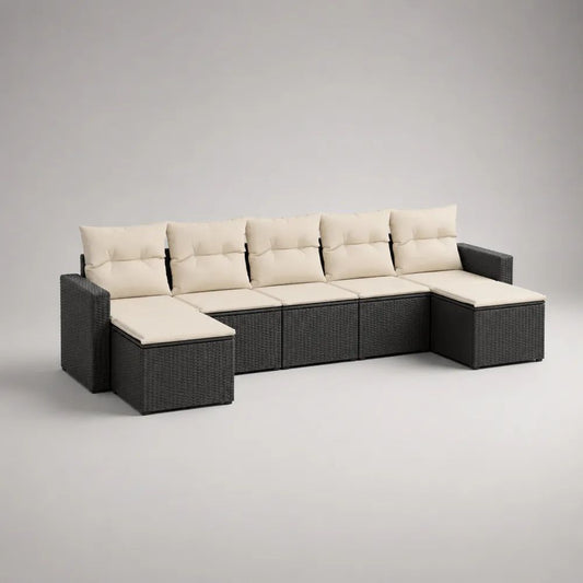 Salon de jardin modulable 7 pièces, canapé 5 places en résine tressée noire avec coussins crème, forme en U, 350 x 140 x 72 cm