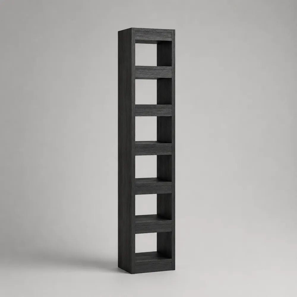 Bibliothèque colonne étroite à 6 niches en panneaux de particules, noir effet chêne, 30 × 24 × 180 cm