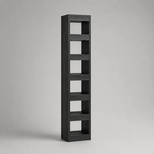 Bibliothèque colonne étroite à 6 niches en panneaux de particules, noir effet chêne, 30 × 24 × 180 cm