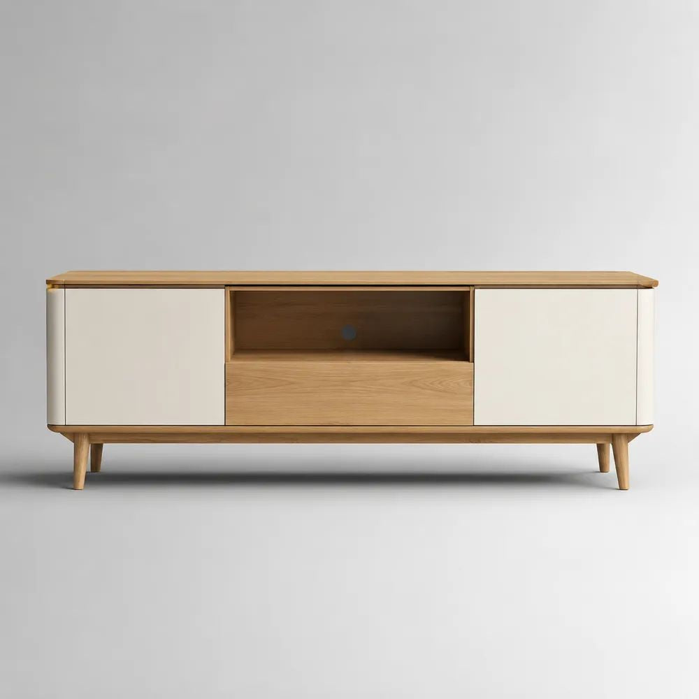 Meuble TV bas rectangulaire en bois et MDF, ivoire et chêne naturel, 2 portes, 1 tiroir et 1 niche, 160 × 40 × 60 cm