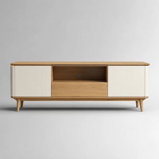 Meuble TV bas rectangulaire en bois et MDF, ivoire et chêne naturel, 2 portes, 1 tiroir et 1 niche, 160 × 40 × 60 cm