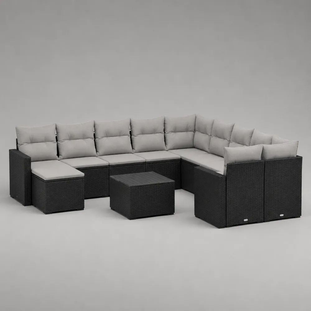 Salon de jardin extérieur modulable 9 pièces en résine tressée noire avec coussins gris clair, forme en U, 310 x 245 x 74 cm