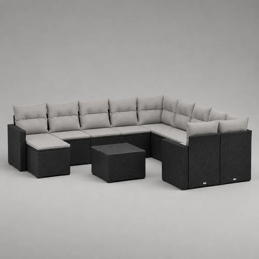 Salon de jardin extérieur modulable 9 pièces en résine tressée noire avec coussins gris clair, forme en U, 310 x 245 x 74 cm