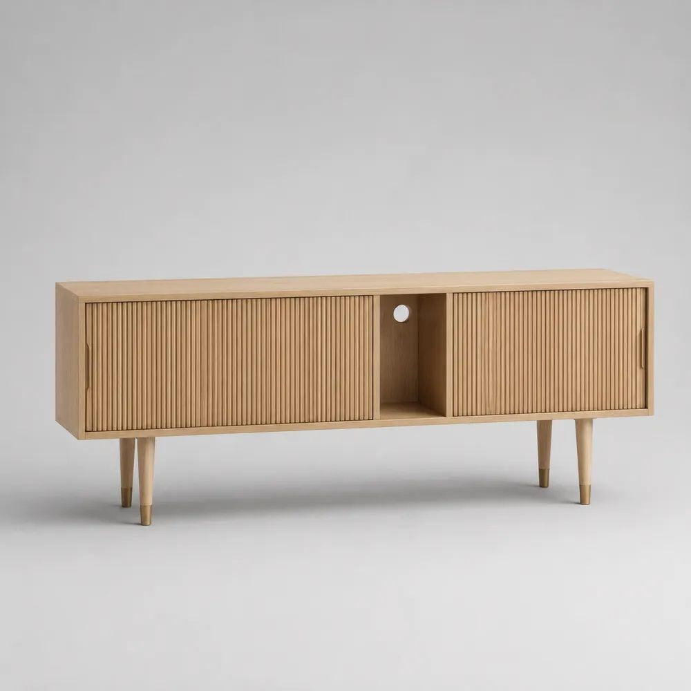 Meuble TV bas rectangulaire en MDF plaqué bois avec 2 portes coulissantes et niche centrale, chêne naturel et doré, 150 × 40 × 60 cm