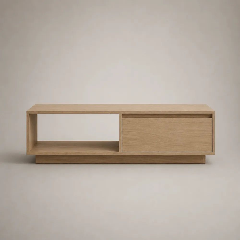 Meuble TV bas rectangulaire en MDF plaqué bois avec niche ouverte et rangement fermé, chêne naturel, 120 × 40 × 45 cm