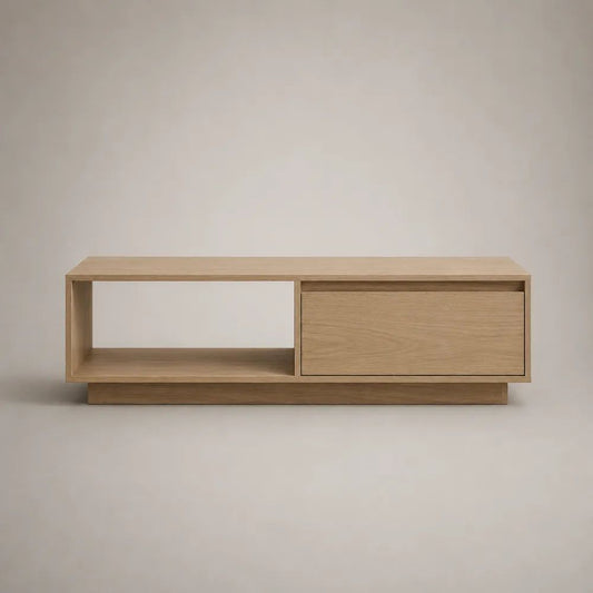 Meuble TV bas rectangulaire en MDF plaqué bois avec niche ouverte et rangement fermé, chêne naturel, 120 × 40 × 45 cm