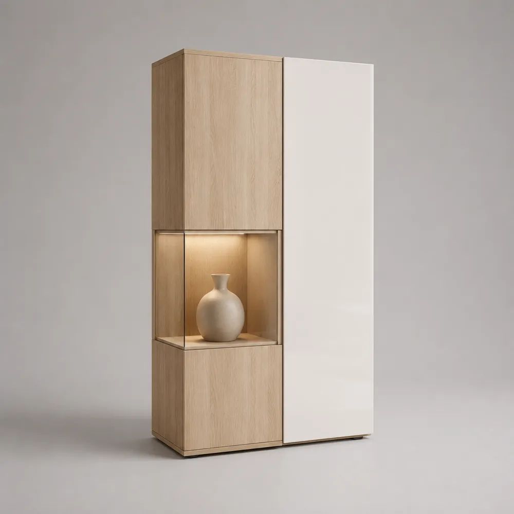 Vitrine de salon rectangulaire avec éclairage LED en MDF mélaminé et verre trempé, chêne clair et blanc, 80 × 40 × 180 cm
