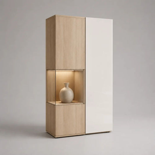 Vitrine de salon rectangulaire avec éclairage LED en MDF mélaminé et verre trempé, chêne clair et blanc, 80 × 40 × 180 cm
