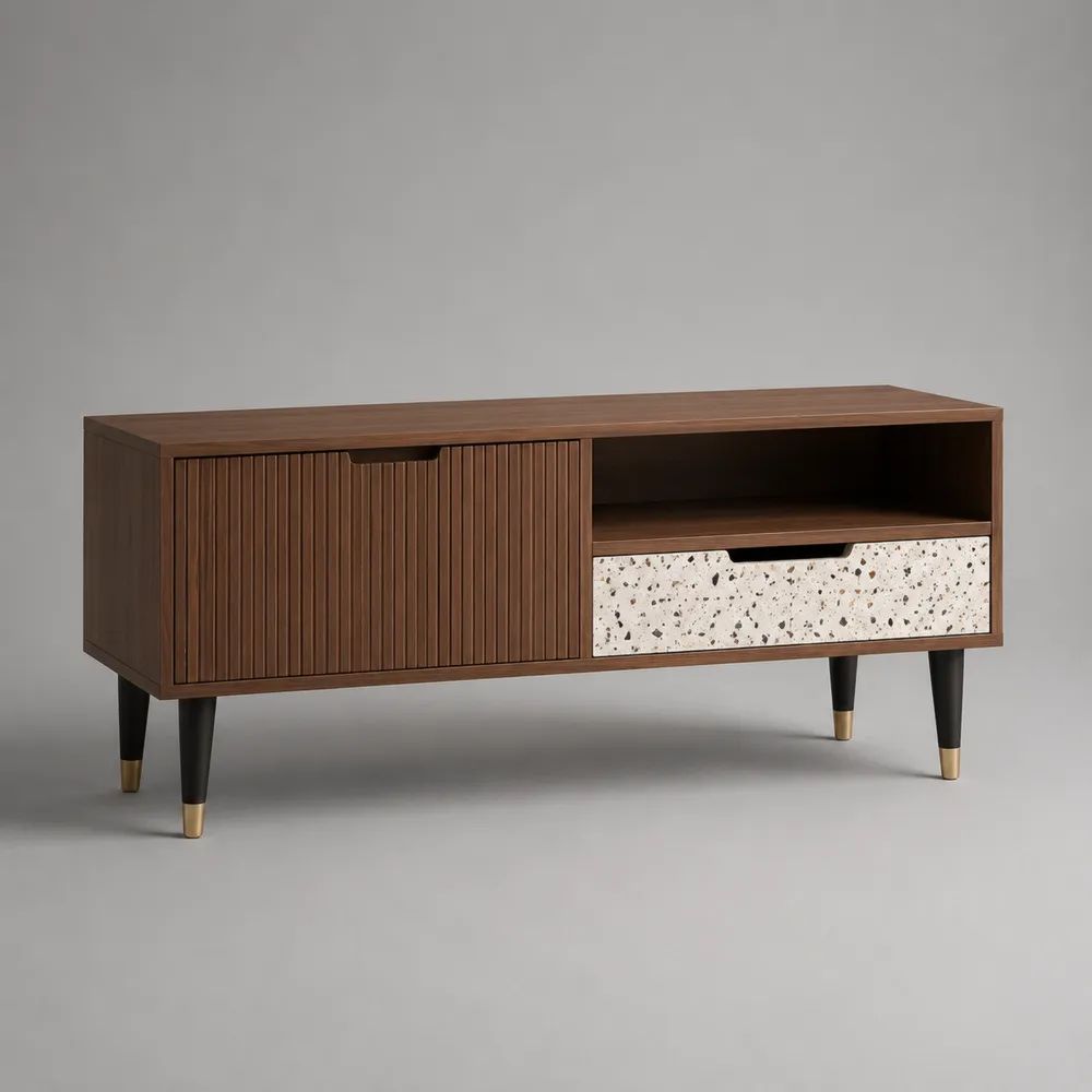 Meuble TV en MDF décor noyer avec 2 portes, 1 tiroir et 1 niche, marron noyer, blanc, noir et laiton, 140 × 40 × 65 cm