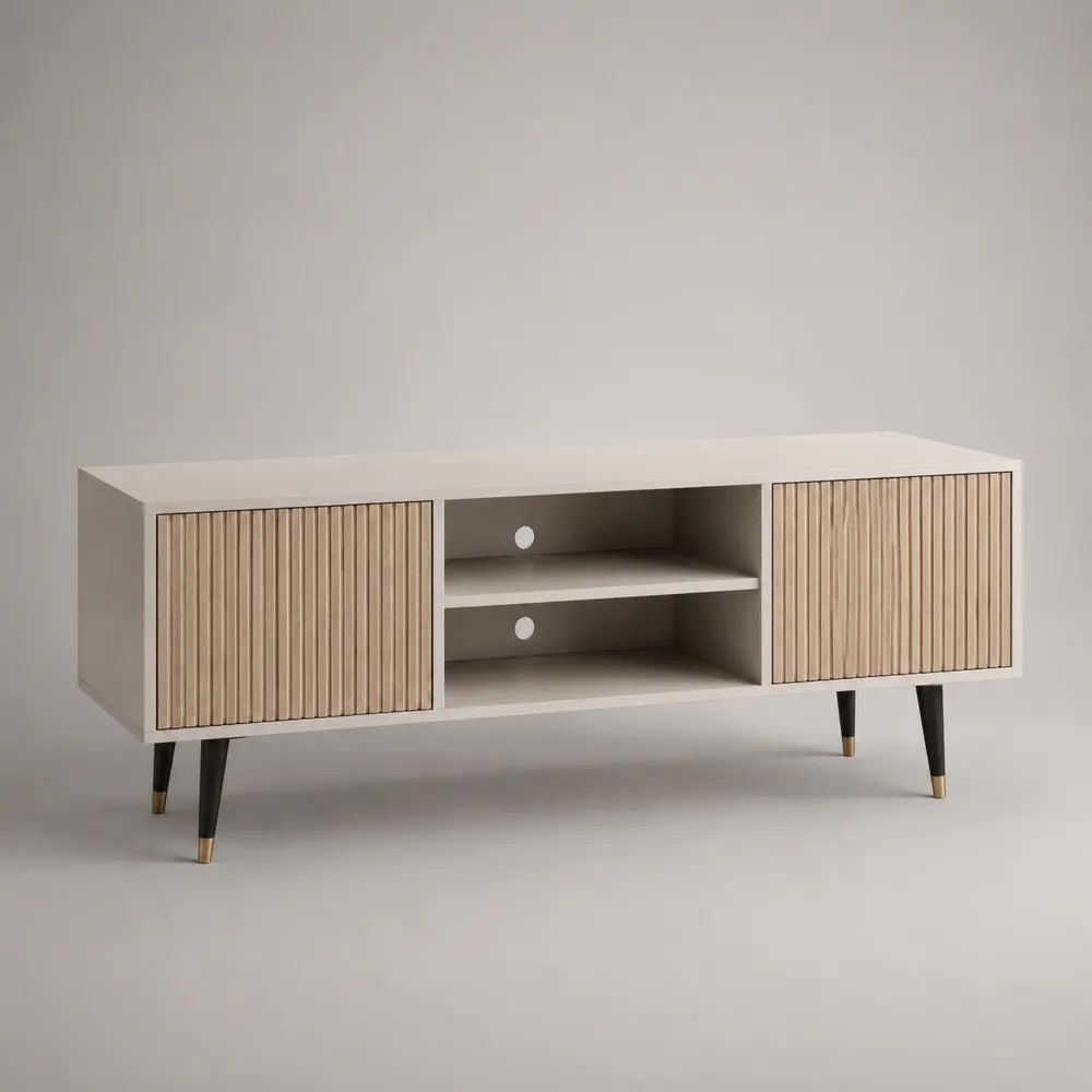 Meuble TV rectangulaire en bois à 2 portes rainurées et 2 niches, beige et bois naturel, 160 × 40 × 60 cm