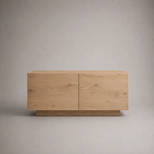 Meuble TV bas rectangulaire en bois à 2 portes, chêne naturel, 140 x 40 x 70 cm