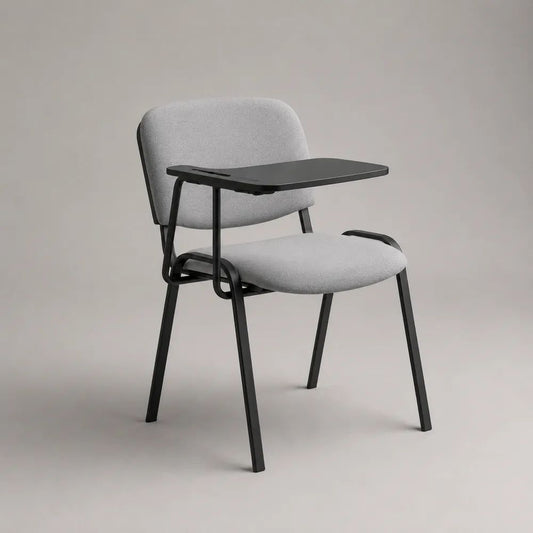 Chaise de conférence avec tablette écritoire rabattable, polyester gris clair et acier noir, 61 × 69 × 83 cm