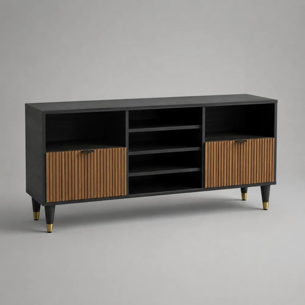 Meuble TV rectangulaire en MDF noir et brun avec détails dorés, 2 portes et 6 niches, 140 x 40 x 75 cm