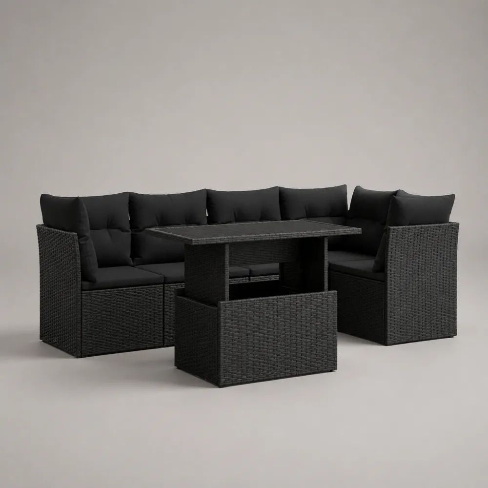 Salon de jardin extérieur 9 pièces en résine tressée noir et anthracite, canapé d’angle 5 places, table 123 × 60 × 74 cm et 3 tabourets
