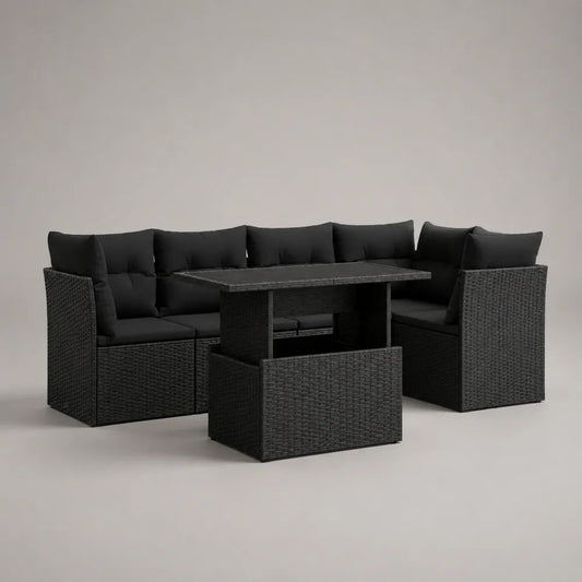 Salon de jardin extérieur 9 pièces en résine tressée noir et anthracite, canapé d’angle 5 places, table 123 × 60 × 74 cm et 3 tabourets