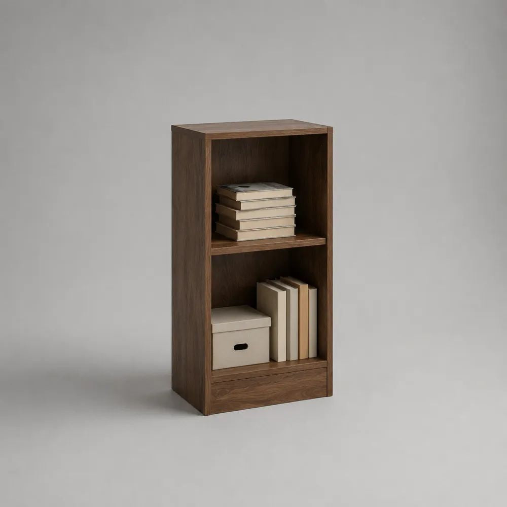 Bibliothèque étroite à 2 niches en panneaux de particules, décor noyer brun, 40 × 30 × 90 cm
