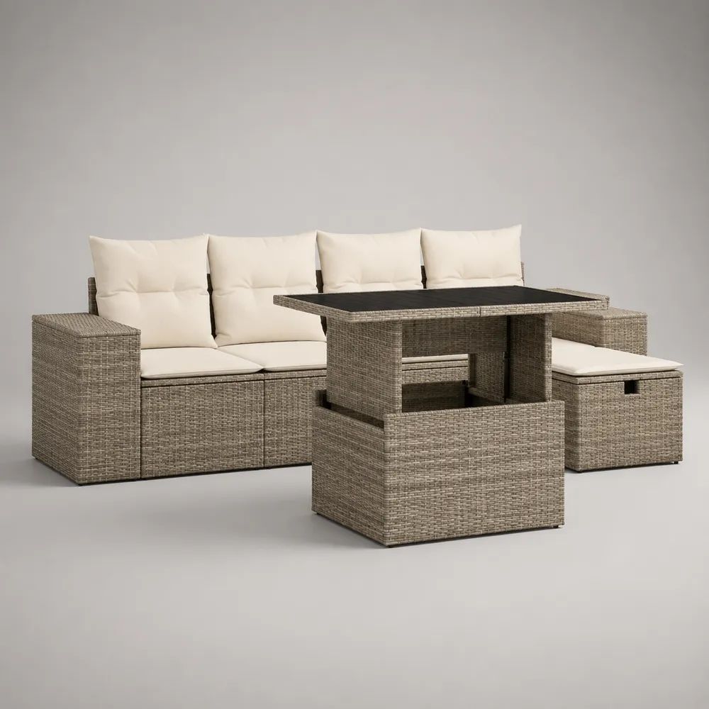 Salon de jardin extérieur 3 pièces en résine tressée taupe et tissu crème, canapé 3 places 206 × 75 × 75 cm, table réglable 120 × 70 × 48–68 cm et pouf 45 × 45 × 35 cm