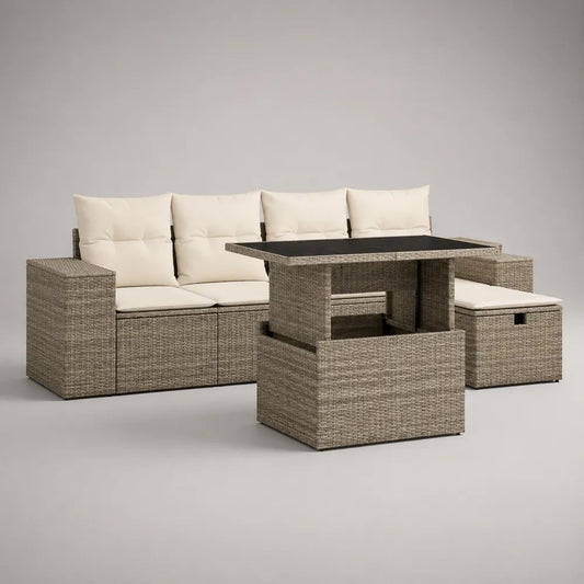 Salon de jardin extérieur 3 pièces en résine tressée taupe et tissu crème, canapé 3 places 206 × 75 × 75 cm, table réglable 120 × 70 × 48–68 cm et pouf 45 × 45 × 35 cm