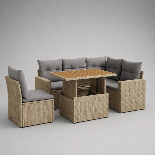 Salon d’extérieur d’angle 8 places, ensemble 7 pièces en résine tressée beige avec plateau en bois et coussins gris, 191 x 191 x 74 cm